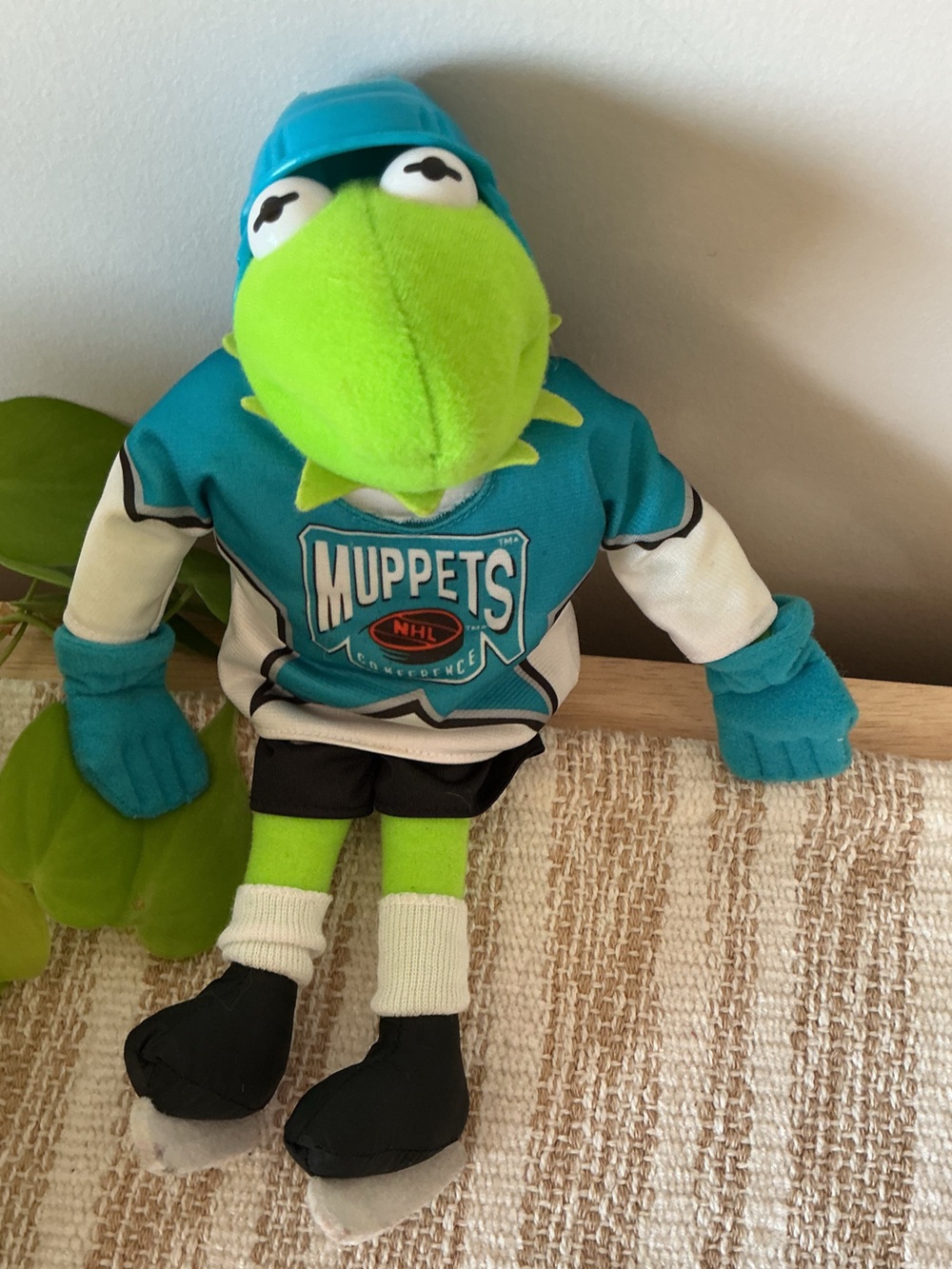 Vintage Muppets Green Kermit Plush in Hockey Jersey with Skates